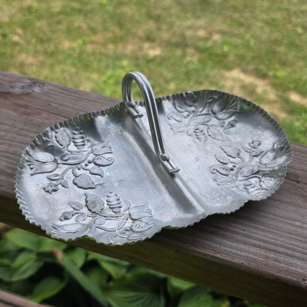 Vintage Embossed Aluminum Divided Serving Tray w/ Handle